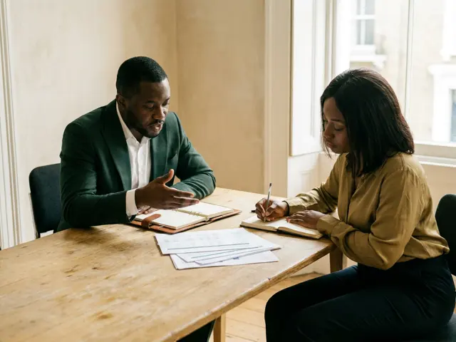 Two colleagues reviewing printed payroll records together at a meeting table